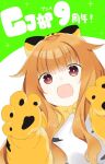  1girl :d amatsuka_mao animal_costume animal_hands animal_print bow bowtie bright_pupils brown_eyes chinese_zodiac claw_pose dot_nose fang gj-bu gloves hair_flaps hands_up highres long_hair looking_at_viewer nekoume open_mouth paw_gloves smile solo tiger_costume tiger_print upper_body white_pupils year_of_the_tiger yellow_bow yellow_bowtie 