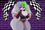  2022 4k absurd_res anthro big_breasts bottomwear breasts canid canine canis checkered_flag cleavage clothed clothing digital_media_(artwork) ear_piercing ear_ring eyelashes eyes_closed eyeshadow female fingers five_nights_at_freddy&#039;s five_nights_at_freddy&#039;s:_security_breach flag fur green_hair grey_body grey_fur grey_hair hair hi_res hotpants huge_breasts inner_ear_fluff jacket long_hair long_tail makeup mammal multicolored_body multicolored_fur multicolored_hair nr_ac piercing roxanne_wolf_(fnaf) scottgames shorts signature simple_background smile solo standing topwear tuft two_tone_body two_tone_fur two_tone_hair video_games wolf zipper 
