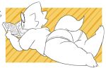  alphys anthro barefoot big_butt breasts buckteeth butt clothed clothing eyewear feet female glasses guitarstudios lizard lying manga_(object) non-mammal_breasts on_front panties reading rear_view reptile scalie shirt simple_background solo teeth thick_tail thick_thighs three-quarter_view topwear undertale_(series) underwear 