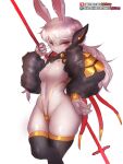  4_fingers anthro breasts female fingers fur girlsay hair hi_res holding_polearm lagomorph leporid looking_at_viewer mammal rabbit red_eyes ruby_(girlsay) science_fiction simple_background smile solo white_background white_body white_fur white_hair 