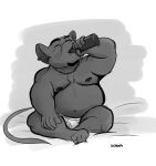 2018 anthro belly bulge clothing dober drinking eyes_closed hi_res male mammal moobs mouse murid murine navel overweight overweight_male rodent sitting solo underwear 