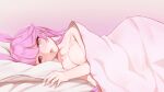  1girl animal_ears bangs bed bed_sheet blush breasts commentary_request eyebrows_visible_through_hair fox_ears gradient gradient_background hair_flaps highres honkai_(series) honkai_impact_3rd large_breasts long_hair looking_at_viewer lying nose_blush on_bed on_side open_mouth panties pillow pink_background pink_eyes pink_hair pink_panties pink_theme see-through skindentation solo tiankong_pie_ai topless underwear very_long_hair yae_sakura 