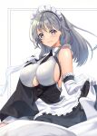  1girl amaner apron azur_lane between_breasts black_dress black_necktie breasts charybdis_(azur_lane) clothing_cutout dress elbow_gloves eyebrows_visible_through_hair gloves grey_eyes grey_hair hand_on_own_chest highres large_breasts long_hair looking_at_viewer maid_headdress necktie necktie_between_breasts sideboob simple_background skirt_hold solo underboob_cutout white_apron white_background white_gloves 
