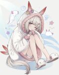  1girl animal_ears artist_name bangs blunt_bangs closed_mouth clothing_request commentary_request dated eyebrows_visible_through_hair flower full_body hair_flower hair_ornament happy_meek_(umamusume) highres horse_ears knees_together_feet_apart knees_up long_sleeves looking_at_viewer one_eye_closed puzzle157xxx sitting solo tail twitter_username umamusume 