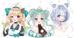  3girls bangs black_kimono blonde_hair blue_eyes blue_hair bow braid breasts cleavage cleavage_cutout clothing_cutout double_bun elira_pendora english_commentary finana_ryugu green_bow green_hair green_kimono hair_behind_ear hair_over_one_eye halter_top halterneck head_fins head_wings heart highres japanese_clothes kimono lazulight lilita_laplume_(artist) looking_at_viewer multiple_girls nijisanji nijisanji_en one_eye_covered pointy_ears pomu_rainpuff portrait purple_eyes short_hair sketch sparkle twin_braids twintails virtual_youtuber wa_maid 