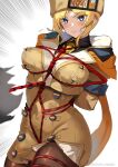  1girl arm_scarf arms_behind_back ashiomi_masato bangs bdsm blonde_hair blue_eyes blush bondage bound breast_squeeze breasts brown_coat buttons clenched_teeth coat fur_hat guilty_gear guilty_gear_strive hat highres large_breasts leggings millia_rage rope shibari simple_background solo sweatdrop teeth twitter_username ushanka white_background 