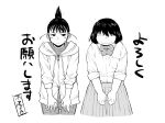  2girls absurdres bowing closed_eyes commentary_request crossover freckles genshiken greyscale hashikko_ensemble highres hood hoodie kio_shimoku monochrome multiple_girls ogiue_chika school_uniform simple_background smile sweatdrop topknot translation_request white_background 