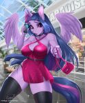  2022 5_fingers anthro blurred_background clothing digital_media_(artwork) equid equine eyebrows eyelashes female fingers friendship_is_magic hasbro hi_res holding_object horn legwear looking_at_viewer mammal my_little_pony solo_focus sorafoxyteils twilight_sparkle_(mlp) winged_unicorn wings 