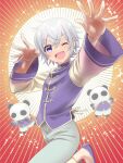  1boy blush chinese_clothes dorifesu! hair_between_eyes kikuchi_mataha male_focus one_eye_closed open_mouth panda pose purple_eyes sawamura_chizuru silver_hair 