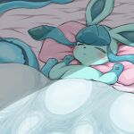  ambiguous_gender bed bedding blanket duo eeveelution eyes_closed feral furniture glaceon hi_res lying masking_(artist) nintendo on_back on_bed paws pillow pok&eacute;mon pok&eacute;mon_(species) sleeping vaporeon video_games 