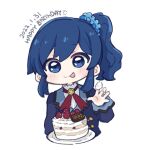  1girl :p aikatsu! aikatsu!_(series) bangs blue_eyes blue_hair blue_jacket blue_scrunchie blush cake character_name chibi closed_mouth commentary_request cropped_torso dated eyebrows_visible_through_hair food food_on_hand fruit hair_ornament hair_scrunchie happy_birthday hitomiz jacket kiriya_aoi long_sleeves plate scrunchie shirt side_ponytail sidelocks simple_background smile solo starlight_academy_uniform strawberry tongue tongue_out upper_body white_background white_shirt 
