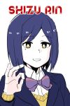  1girl :d blazer blue_hair blue_jacket bob_cut bow bowtie bright_pupils collared_shirt danchino hand_up jacket long_sleeves looking_at_viewer medium_hair mole mole_under_eye nijisanji ok_sign purple_bow purple_bowtie shirt shizuka_rin simple_background smile solo white_background white_pupils wing_collar yellow_eyes 