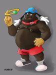  2021 anthro belly black_nose bottomwear brown_body bulge clothing cosplay dober hat headgear headwear hi_res humanoid_hands klonoa klonoa_(series) male mammal moobs nipples overweight overweight_male shorts simple_background solo ursid video_games 