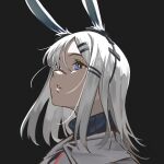  1girl animal_ears arknights black_background black_eyes black_scarf commentary frostnova_(arknights) grey_hair hair_ornament hair_over_one_eye hairclip highres jacket long_hair looking_up parted_lips portrait rabbit_ears reunion_logo_(arknights) scarf simple_background solo white_jacket zuiqiang_zayu 