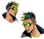  1boy apex_legends english_commentary facial_hair goggles green_hair iwamoto_zerogo jacket looking_down looking_up male_focus mole multiple_views octane_(apex_legends) open_mouth portrait stubble undercut white_background 