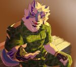  anthro blush camo camo_clothing camo_print canid canine clothing facial_markings fingerless_gloves gloves handwear head_markings lifewonders live-a-hero looking_at_viewer male mammal markings military_uniform offering_hand pattern_clothing pitania4 sadayoshi solo uniform video_games 