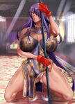  alternate_eye_color architecture blue_hair blurry blurry_background breasts carpet china_dress chinese_clothes cleavage cleavage_cutout clothing_cutout dark_skin dress east_asian_architecture fingerless_gloves gloves haikawa_hemlen hair_over_one_eye highres holding holding_polearm holding_weapon huge_breasts ikkitousen kan&#039;u_unchou long_hair polearm red_gloves tan weapon white_footwear yellow_eyes 