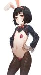  1girl animal_ears bangs black_hair black_legwear bow bow_(bhp) bowtie flat_chest gloves hairband hands_on_hips long_sleeves looking_at_viewer meme_attire navel original pasties rabbit_ears red_bow red_bowtie red_eyes reverse_bunnysuit reverse_outfit short_hair simple_background solo white_background white_gloves 