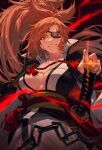  1girl absurdres amputee baiken big_hair black_jacket black_kimono breasts cheolsu cleavage eyebrows_visible_through_hair eyepatch grin guilty_gear guilty_gear_strive highres holding holding_sword holding_weapon jacket jacket_on_shoulders japanese_clothes katana kimono large_breasts multicolored_clothes multicolored_kimono one-eyed open_clothes open_kimono pink_hair ponytail red_eyes samurai scar scar_across_eye scar_on_face smile sword weapon 