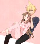  1boy 1girl :3 aerith_gainsborough barefoot blonde_hair blush brown_hair closed_eyes closed_mouth cloud_strife feet final_fantasy final_fantasy_vii final_fantasy_vii_remake jewelry krudears long_hair musical_note ring smile 