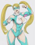  1girl armpits blue_eyes clenched_hands clothing_cutout covered_navel covered_nipples eye_mask fingernails frills grey_background hatching_(texture) heart heart_cutout highres long_hair mask open_mouth rainbow_mika shiny shiny_skin shoulder_cutout signature simple_background solo star_(symbol) street_fighter teeth tobita_nikiichi toned tongue twintails wrestling_outfit 