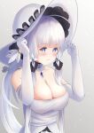  1girl azur_lane bare_shoulders black_ribbon breasts cleavage detached_collar dress elbow_gloves eyebrows_visible_through_hair gloves grey_background hat highres illustrious_(azur_lane) lace-trimmed_headwear lace_trim large_breasts long_hair looking_at_viewer purple_eyes ribbon simple_background solo strapless strapless_dress sun_hat upper_body very_long_hair white_dress white_gloves white_hair white_headwear yorumon 