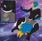  abs ahab_(ahugebird) anthro arm_feathers athletic athletic_anthro athletic_male avian beak big_bulge bird bird_feet black_body black_feathers blue_body blue_feathers boxer_briefs bulge clothed clothing cosmic_background earth feathers galaxy giga grey_body grey_clothing grey_feathers grey_underwear hi_res macro male mane planet planetary_macro shooting_star solo star tail_feathers talons underwear underwear_only yellow_beak yellow_eyes yutmutt 
