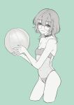  1girl ball bare_shoulders beachball breasts choker cleavage contrapposto cropped_legs earrings glasses green_background green_theme gris_swimsuit hair_ornament hairclip highres holding indie_virtual_youtuber jewelry long_hair looking_at_viewer meme_attire monochrome mugen0017 mugen_(vtuber) navel one-piece_swimsuit over-rim_eyewear semi-rimless_eyewear simple_background small_breasts smile solo swimsuit virtual_youtuber white_background x_hair_ornament 