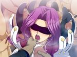  blindfold blush censored code_geass cornelia_li_britannia dark-skinned_male dark_penis finger_in_mouth fingers_in_mouth from_above hairjob interracial lipstick makeup masturbation open_mouth penis purple_hair raburebo 