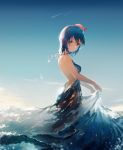  1girl absurdres backless_dress backless_outfit blue_eyes blue_hair blue_sky breasts dress from_side hair_ornament haiyi halterneck highres leiq long_dress looking_at_viewer medium_breasts outdoors see-through short_hair skirt_hold sky sleeveless sleeveless_dress solo vocaloid vocanese water_dress 