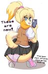  absurd_res animal_crossing anthro blonde_hair blue_eyes bottomwear camel_toe canid canine canis cellphone clothing crouching domestic_dog english_text female fluffy_ears footwear fur hair hi_res isabelle_(animal_crossing) legwear looking_at_viewer mammal miniskirt multicolored_body multicolored_fur multicolored_hair nintendo panties phone ponytail rear_view shih_tzu shirt shoes simple_background skirt smartphone solo tail text thigh_highs tights topwear toy_dog two_tone_body two_tone_fur two_tone_hair underwear vest video_games yellow_body yellow_fur zelripheth 