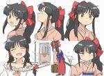  1girl bangs black_hair bow brown_eyes collarbone eyebrows_visible_through_hair hair_bow japanese_clothes kimono multiple_views obi off-shoulder_shirt off_shoulder open_mouth pink_kimono purple_bow red_bow sakura_taisen sash shinguuji_sakura shirt smile tree tsubobot v-shaped_eyebrows white_background white_shirt 