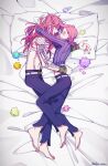  2boys barefoot black_lips candy diavolo fishnet_top fishnets food freckles from_above highres hug jojo_no_kimyou_na_bouken konpeitou long_hair lying male_focus midriff multiple_boys on_bed on_side pink_hair polka_dot_hair ponytail ribbed_sweater sempon_(doppio_note) sleeping sweater turtleneck vento_aureo vinegar_doppio 