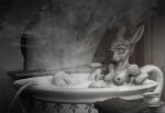  2021 anthro bathroom bathtub breasts detailed_background digital_media_(artwork) female fur greyscale inside ipoke lagomorph leporid mammal monochrome nipples nude rabbit solo steam 