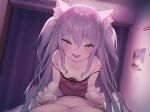  1boy 1girl :d absurdres animal_ear_fluff animal_ears bare_shoulders breasts cat_ears claw_pose collarbone green_eyes hair_between_eyes half-closed_eyes highres indoors lingerie long_hair looking_at_viewer negligee nipples non-web_source original pokachu pov purple_hair small_breasts smile solo_focus straddling strap_slip two_side_up underwear underwear_only very_long_hair 