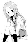  1girl absurdres anbe_masahiro bangs blouse blush_stickers calf_socks closed_mouth commentary_request dot_nose feet_out_of_frame from_side greyscale halftone hatching_(texture) highres karakai_jouzu_no_takagi-san knees_together_feet_apart leaning_forward linear_hatching long_hair long_sleeves looking_at_viewer looking_to_the_side monochrome neckerchief parted_bangs pleated_skirt school_uniform serafuku simple_background sitting skirt smile socks solo split_mouth straight_hair takagi-san tareme white_background 