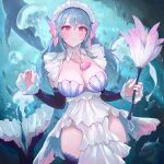  1girl absurdres apron aqua_hair breasts bubble chowbie cleavage feather_duster fish fish_tail frills highres jellyfish long_hair maid maid_apron maid_headdress medium_breasts mermaid monster_girl original pink_eyes scales shell shell_bikini shell_necklace tail underwater whale 