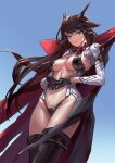  1girl black_gloves blue_background breasts brown_hair cape closed_mouth cowboy_shot gloves green_eyes guihuo_inferno highres horns leotard long_hair looking_at_viewer medium_breasts original revealing_clothes solo thighhighs 