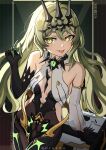  1girl absurdres artist_name bangs bare_shoulders black_dress black_gloves breasts character_name claw_ring cleavage closed_mouth crown cruzvu dress elbow_gloves gloves green_eyes green_hair highres honkai_(series) honkai_impact_3rd long_hair looking_at_viewer mobius_(honkai_impact) single_elbow_glove single_sleeve sleeveless sleeveless_dress solo tongue tongue_out wavy_hair white_sleeves 