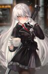  1girl absurdres black_jacket black_legwear blurry blurry_background coffee counter:side cup eyebrows_visible_through_hair gloves grey_skirt highres hilde_(counter:side) holding holding_cup jacket long_hair long_sleeves looking_to_the_side necktie red_necktie skirt sword sword_behind_back torriet very_long_hair weapon white_gloves white_hair yellow_eyes 