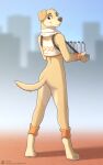  2022 anthro bird_dog brown_eyes canid canine canis day detailed_background digital_media_(artwork) domestic_dog feet fingers hi_res hunting_dog jishinu labrador male mammal outside retriever sky smile solo toes 