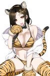  1girl :p animal_ears animal_hands animal_print bangs bikini black_bow black_bowtie black_hair bow bowtie breasts brown_eyes chinese_zodiac cleavage closed_mouth collar commentary detached_collar fake_animal_ears fake_tail gloves hair_ornament hairclip halterneck kneeling koishikawa large_breasts long_hair looking_at_viewer navel nijisanji paw_gloves paw_pose print_bikini print_gloves print_legwear shawl shirayuki_tomoe side-tie_bikini simple_background smile solo swept_bangs swimsuit tail thighhighs tiger_ears tiger_print tiger_tail tongue tongue_out virtual_youtuber white_background white_collar wing_collar year_of_the_tiger yellow_bikini yellow_gloves yellow_legwear 