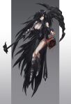  1girl armored_boots bangs black_hair bloodborne book boots breasts cleavage dress floating floating_book floating_object guihuo_inferno highres holding holding_scythe long_hair medium_breasts one_eye_covered original parted_lips red_eyes scythe side_slit smile solo 