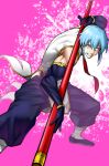 1boy blue_eyes blue_gloves blue_hair blue_pants chinese_clothes copyright_request elbow_gloves fighting_stance gloves grin highres holding looking_at_viewer male_focus nagashii_kouhei pants pelvic_curtain pink_background smile solo 