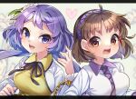  2girls :d ahoge bangs black_ribbon blush breasts brown_eyes brown_hair chain cuffs eyebrows_visible_through_hair grey_background hair_behind_ear hairband hand_up heart highres ibaraki_natou long_sleeves looking_at_viewer multiple_girls neck_ribbon open_mouth purple_eyes purple_hair ribbon shackles shirt siblings simple_background sisters small_breasts smile teeth tongue touhou tsukumo_benben tsukumo_yatsuhashi upper_body white_background white_shirt wing_collar 