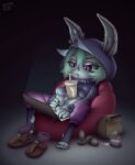  absurd_res bunny_boy_(artist) clothed clothing erection fur genitals green_hair hair herm hi_res humanoid intersex league_of_legends masturbation penis riot_games shadow_creature simple_background solo vex_(lol) video_games yordle 