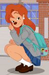  2022 absurd_res anthro backpack bottomwear clothing disney ear_piercing ear_ring female goof_troop hi_res lidded_eyes looking_back mammal piercing plantigrade roxanne_(goof_troop) school_uniform skirt smile solo sonson-sensei uniform 