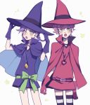  2girls braid cape freckles green_eyes hat holding holding_clothes holding_hat jojo_no_kimyou_na_bouken midriff multiple_girls pink_cape pink_hair purple_cape sempon_(doppio_note) striped striped_legwear thighhighs trish_una twin_braids vento_aureo witch witch_hat yellow_eyes 