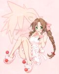  1girl aerith_gainsborough ahoge apron blush bow braid breasts brown_hair cloud_strife final_fantasy final_fantasy_vii green_eyes heart heart_hands krudears long_hair looking_at_viewer moogle pink_bow simple_background slippers smile solo 