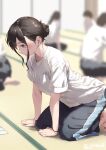 5girls barefoot blurry blurry_background breasts brown_eyes brown_hair closed_mouth clothes_writing commentary_request jonsun kneeling looking_down medium_breasts multiple_girls original shirt short_hair short_sleeves solo_focus t-shirt twitter_username white_shirt 
